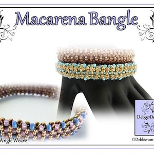 May include: A beaded bangle bracelet in a right angle weave pattern. The bracelet is made with brown, gold, and blue beads. The bracelet is called "Macarena Bangle" and is a Debbieger Designs pattern.