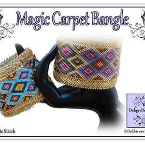 May include: Two beaded bracelets in a peyote stitch pattern. The bracelets are gold with purple, pink, red, blue, and green geometric designs. The bracelets are on a black hand form. The text "Magic Carpet Bangle" is at the top of the image. The text "Peyote Stitch" is at the bottom of the image. The text "DebbiegerDesigns" is in a small box at the bottom right of the image. The text "©Debbie van Tonder" is below the box.