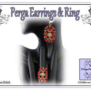May include: Red and gold beaded earrings and ring with a square stitch design. The jewelry is displayed on a black mannequin. The image includes the text "Perga Earrings & Ring" and "DebbiegerDesigns".