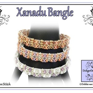 May include: Three beaded bracelets in shades of peach, purple, and white, stacked on a black surface. The bracelets are made with square stitch beading and are labeled "Xanadu Bangle" and "Square Stitch".