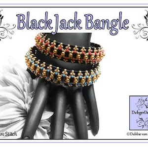 May include: Three beaded bracelets stacked on a hand. The bracelets are made with black, gold, red, and blue beads. The bracelets are called "Black Jack Bangle" and are made with a square stitch. The image also includes the text "DebbiegerDesigns" and "Debbie van Tonder".