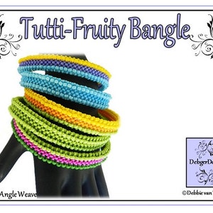 May include: A set of colorful beaded bracelets in shades of green, yellow, blue, and purple. The bracelets are stacked on a hand and are made using a right angle weave technique. The bracelets are labeled "Tutti-Fruity Bangle" and "DebbiegerDesigns".