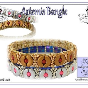 May include: A set of three beaded bracelets in gold, silver, and blue with pink accents. The bracelets are stacked on top of each other and feature a square stitch pattern. The image text reads "Artemis Bangle" and "Square Stitch".