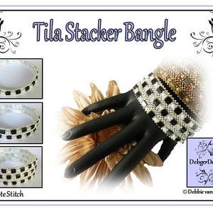 May include: The image displays a Tila Stacker Bangle. The main bangle is black and silver, with a square pattern. A black hand wearing the bangle is also shown, along with a smaller image of the bangle. The text "Peyote Stitch" is also visible.