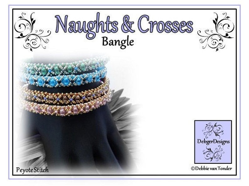May include: A multi-strand beaded bangle bracelet with a peyote stitch pattern. The bracelet is made with turquoise, blue, and pink beads. The bracelet is called "Naughts & Crosses Bangle" and is a design by Debbie van Tonder.