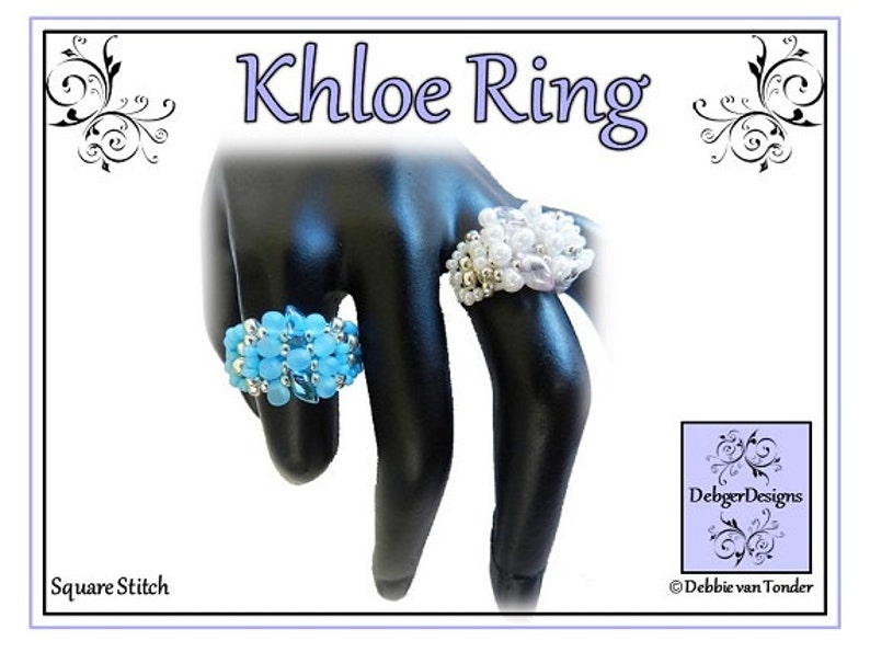 May include: Two beaded rings on a black hand form. The ring on the left is blue and white, the ring on the right is white and purple. The rings are made with square stitch beading. The image text reads "Khloe Ring" and "Square Stitch".