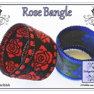 May include: Two beaded bracelets with a rose pattern. The bracelet on the left is red and black, and the bracelet on the right is blue and green. The bracelets are made with peyote stitch. The text "Rose Bangle" is at the top of the image. The text "Debbieger Designs" and "Debbie van Tonder" are at the bottom of the image.