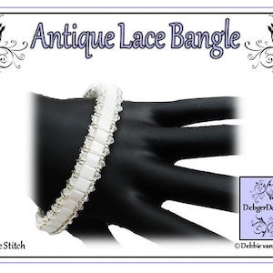 May include: White beaded bangle bracelet made with square stitch. The bracelet is on a black mannequin hand. The title "Antique Lace Bangle" and the text "Square Stitch" are visible in the image.