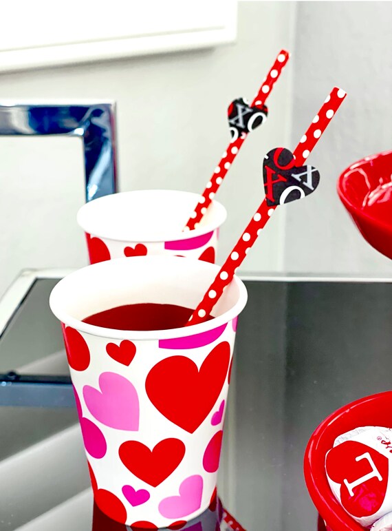 Valentine Straws, Valentine Decorations, Red Paper Straws, Valentine's Decor, Valentine's Party Straws, Ready to Ship, Set of 12, XOXO, Il_570xn