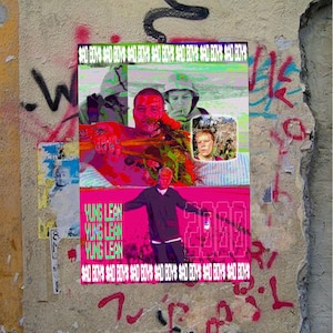 May include: A rectangular poster featuring a collage of images of a person, with the text "SAD BOYS" repeated at the top and bottom. The poster includes the text "YUNG LEAN" in green and "2000" in white on a bright pink background section.