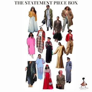 May include: A collage of 14 different women wearing stylish outfits. The outfits feature a variety of colors, patterns, and textures, including plaid, sequins, and tulle. The image is titled "The Statement Piece Box".