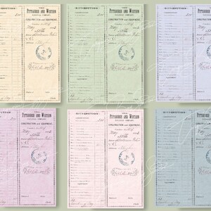 May include: Six vintage blank forms from the Pittsburgh and Western Railroad Company, Construction and Equipment, dated May 1st, 1903. The forms are printed on different colored paper, including cream, green, pink, and blue.