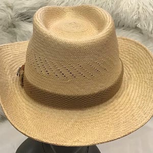 Puede incluir: Un sombrero fedora de paja de color beige claro con una banda marr&oacute;n. El sombrero tiene un dise&ntilde;o perforado en la corona y un ala ancha. El sombrero se muestra sobre una superficie oscura.