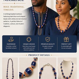 May include: Dark blue beaded necklace with oval-shaped beads and white and red chevron patterns. The necklace is shown on two people. The product details include a full view, bead detail, clasp detail, and on-model view.