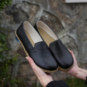 Black Womens Grounding Shoes, Handmade Leather Barefoot Shoes, Zero-Drop, Wide Toe Box, Minimalist Loafers, Genuin Leather Shoes