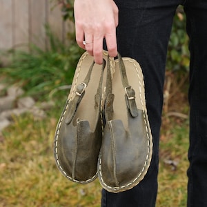 Green Leather Barefoot Sandals: Copper Grounding, Hippie Vintage