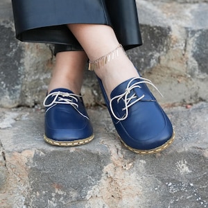 Blue Leather Barefoot Shoes: Wide Toe Box Minimalist Loafers