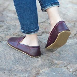 Burgundy Womens Grounding Shoes, Handmade Leather Barefoot Shoes, Zero-Drop, Wide Toe Box, Minimalist Loafers, Genuin Leather Shoes