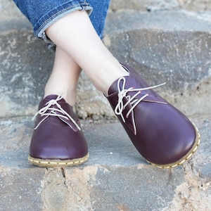 Burgundy Leather Barefoot Shoes: Women&#39;s Minimalist Oxford Shoes
