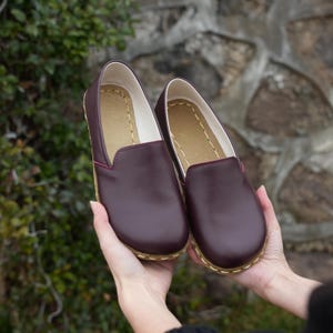 Burgundy Leather Barefoot Loafers: Handmade Womens Grounding Shoes