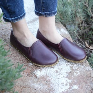 Burgundy Womens Grounding Shoes, Handmade Leather Barefoot Shoes, Zero-Drop, Wide Toe Box, Minimalist Loafers, Genuin Leather Shoes