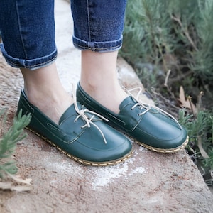 WOMEN Zero Drop Oxford Barefoot Green Crazy Leather Shoes, Barefoot Shoes, Grounding Women Shoes, Earthing Grounded Shoe, Wide Toe Box Shoes