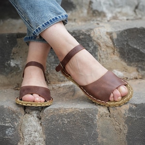 Sustainable Barefoot Sandals, Copper Grounding Minimalist Shoe, Dark Brown Wide Sandals For Women, Barefoot Leather, Hippie Vintage