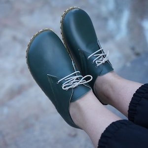 Women&#39;s Barefoot OXFORD, Loafer Shoes for Businesswoman Green Smooth Leather Handmade Zero Drop, Northern Soul Dancing, Bowling Shoes
