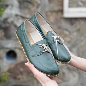 WOMEN Zero Drop Oxford Barefoot Green Crazy Leather Shoes, Barefoot Shoes, Grounding Women Shoes, Earthing Grounded Shoe, Wide Toe Box Shoes