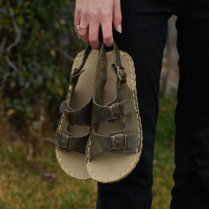 Green Leather Barefoot Sandals: Copper Grounding, Hippie Vintage