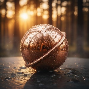 Pode incluir: Uma esfera de bronze com uma faixa metálica, coberta por gotas de água. A esfera está sobre um fundo desfocado de árvores e luz solar, criando uma estética quente e natural. A superfície é escura e molhada.