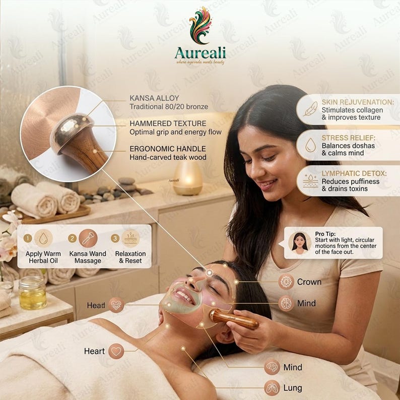 Puede incluir: Imagen que muestra un masaje facial con un Kansa wand. El wand, hecho de bronce tradicional 80/20 con textura martillada y mango de madera de teca, se utiliza en el rostro de una persona. La imagen destaca la rejuvenecimiento de la piel, el alivio del estr&eacute;s y los beneficios de la desintoxicaci&oacute;n linf&aacute;tica.