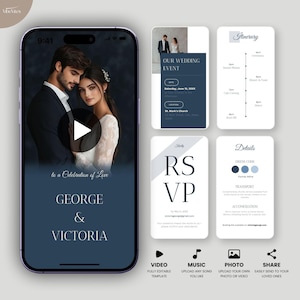 Wedding Video Invitation, Animated Wedding Invitation with RSVP, Details & Program, Add Your Own Photo and Music, Canva Template, L02