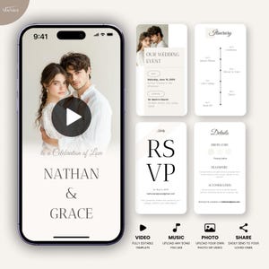 Faire-part de mariage vidéo, faire-part de mariage animé avec réponse, détails et programme, ajoutez vos propres photo et musique, modèle sur toile, L01