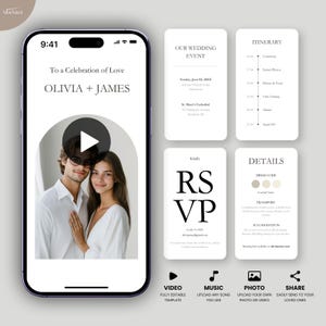 Wedding Video Invitation, Animated Wedding Invitation with RSVP, Details & Program, Add Your Own Photo and Music, Canva Template, M02