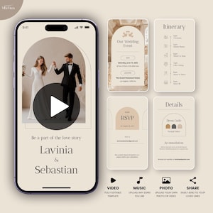 Wedding Video Invitation, Animated Wedding Invitation with RSVP, Details & Program, Add Your Own Photo and Music, Canva Template, M05, Beige