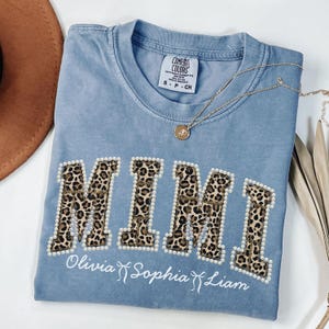 Personalized Mimi Leopard Print Faux Pearl Shirt Grandma Shirt With Grandkids, Custom Gigi Tee, Gift For Gigi, Nana, Cute Mothers Day Gift Blue Jean