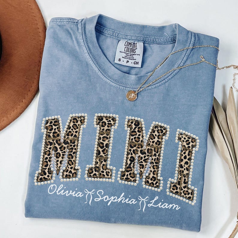 Personalized Mimi Leopard Print Faux Pearl Shirt Grandma Shirt With Grandkids, Custom Gigi Tee, Gift For Gigi, Nana, Cute Mothers Day Gift Blue Jean