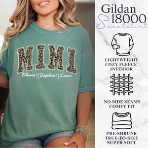 Personalized Mimi Leopard Print Faux Pearl Shirt Grandma Shirt With Grandkids, Custom Gigi Tee, Gift For Gigi, Nana, Cute Mothers Day Gift Light Green
