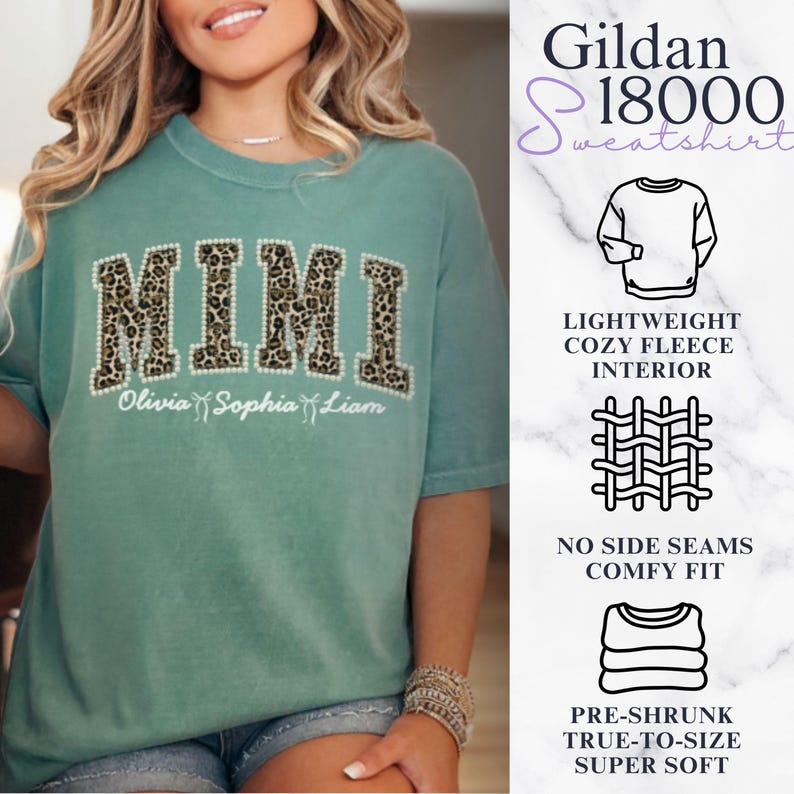 Personalized Mimi Leopard Print Faux Pearl Shirt Grandma Shirt With Grandkids, Custom Gigi Tee, Gift For Gigi, Nana, Cute Mothers Day Gift Light Green