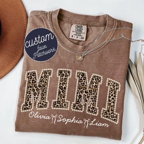 Personalized Mimi Leopard Print Faux Pearl Shirt Grandma Shirt With Grandkids, Custom Gigi Tee, Gift For Gigi, Nana, Cute Mothers Day Gift