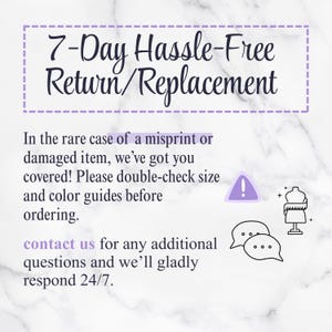 May include: Image with text: "7-Day Hassle-Free Return/Replacement." Further text advises to check size and colour guides before ordering. Contact for questions, and they will respond 24/7. Includes graphic elements.