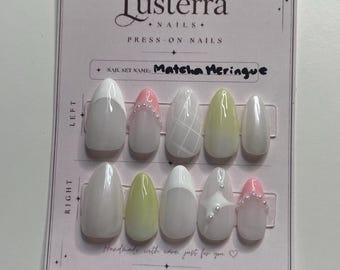 Unghie finte Matcha Meringue / Unghie Aura di ispirazione coreana / Unghie in gel verde minimaliste / Unghie finte di lusso fatte a mano