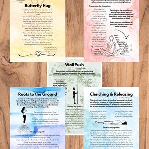 May include: A set of six illustrated cards with grounding techniques for mindfulness and relaxation. Each card features a different technique, including Butterfly Hug, Body Scan, Wall Push, Roots to the Ground, and Clenching & Releasing. The cards are designed with a watercolour background and feature simple line drawings.