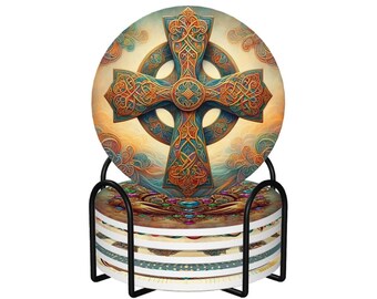 Celtic Art Ceramic Coaster Set  6-Piece with Holder – Circle, Hexagon, or Square Knotwork & Spiral Cultural Designs, Irish Scottish Heritage