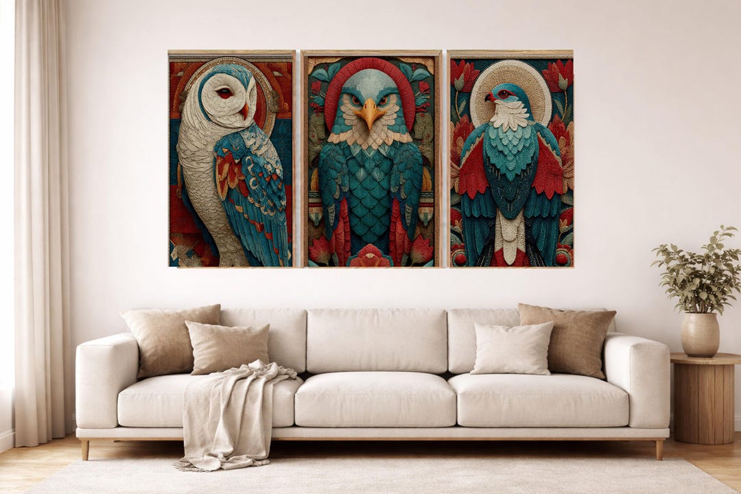Native American Folk Art Inspired in Triptych Style Bald Eagle, Hawk ...