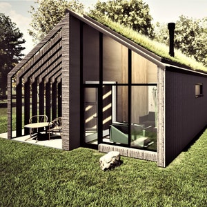 Modern Cabin House Plans, Cottage Floor Plans ,1 bedroom. Small Tiny House Architectural Plans, PDF Blueprint Cabin Plans, Visualization