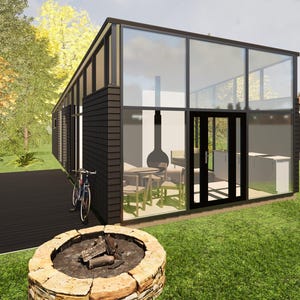 Modern Glass House Plans, 2 Bedrooms 1 Bathroom Open Plan, 54 sq.mt (12.2m x 4.9m), Timber Cabin, Architectural Design House Plan Blueprint