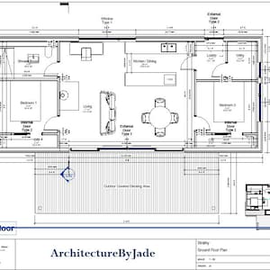Plattegrond modern Scandinavisch huisje, 2 slaapkamers, architectonische plattegronden, pdf-blauwdrukplannen, plattegronden tiny house, constructiedetails