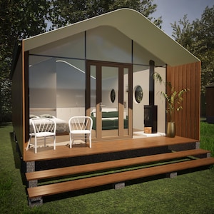 GRANNY FLAT Cabin Floor Plan, construction details, Small and Tiny Home Design, Country Style House Plans, Compact Design with Seating Area